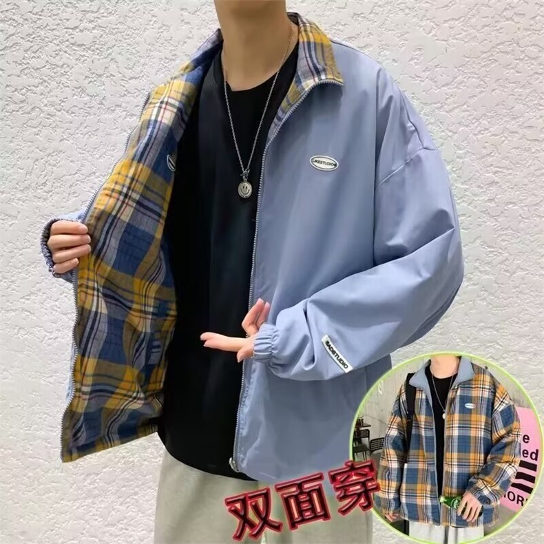 休闲联名复古港风格子衬衫男长袖春秋季宽松休闲衬衣外套616/P45图片