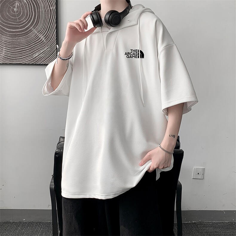 LD54232-P45连帽短袖t恤男大码胖子带帽五分袖中袖大皂风,男装T恤,电商A040