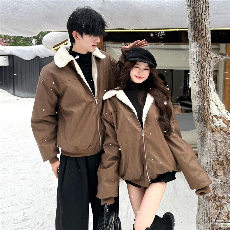 网图美式PU皮羊羔绒夹克棉服情侣夹棉皮衣保暖翻领棉衣KY1818-P78图片