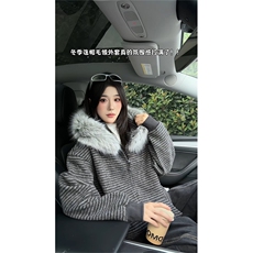 早秋毛领连帽卫衣外套韩系chic宽松休闲秋季设计感小众条纹上衣，女装短外套，星座302B