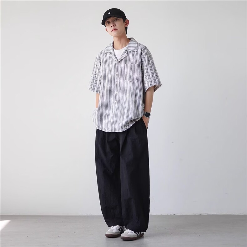 夏天日系古巴领小格子衬衫男女生学院风短袖小清新休闲宽松衬衣潮,男装T恤,星座1210-1