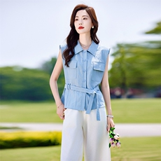 高级感时尚套装女气质无袖衬衫夏季新款收腰显瘦阔腿裤休闲两件套，女装套装/套裙，靓衣阁