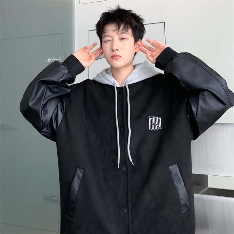 直播！2023新款男士加厚鹿皮绒拼皮夹克棒球服外套JK191P85控138,男装夹克,电商B220