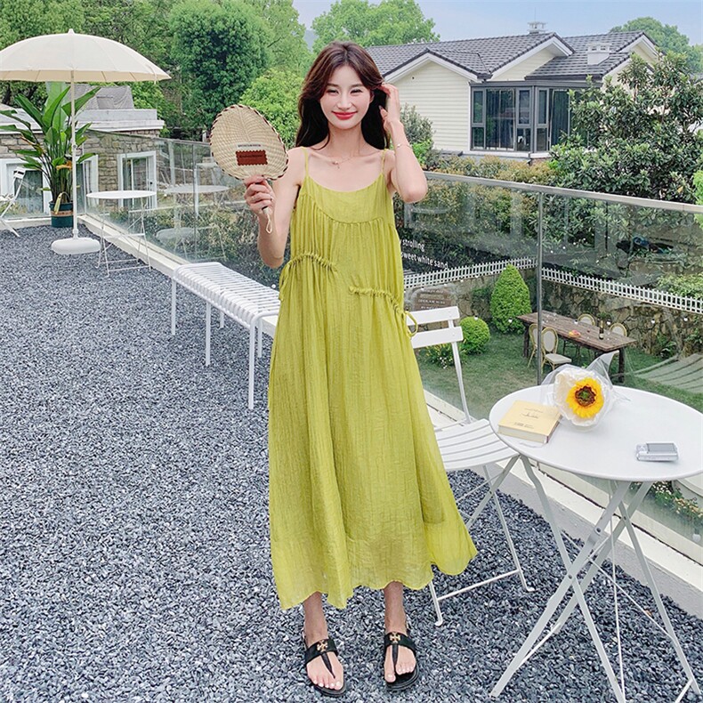 现货新款黄绿色肌理感面料吊带连衣裙RF058-X8601-P105-K158,女装连衣裙,2C058