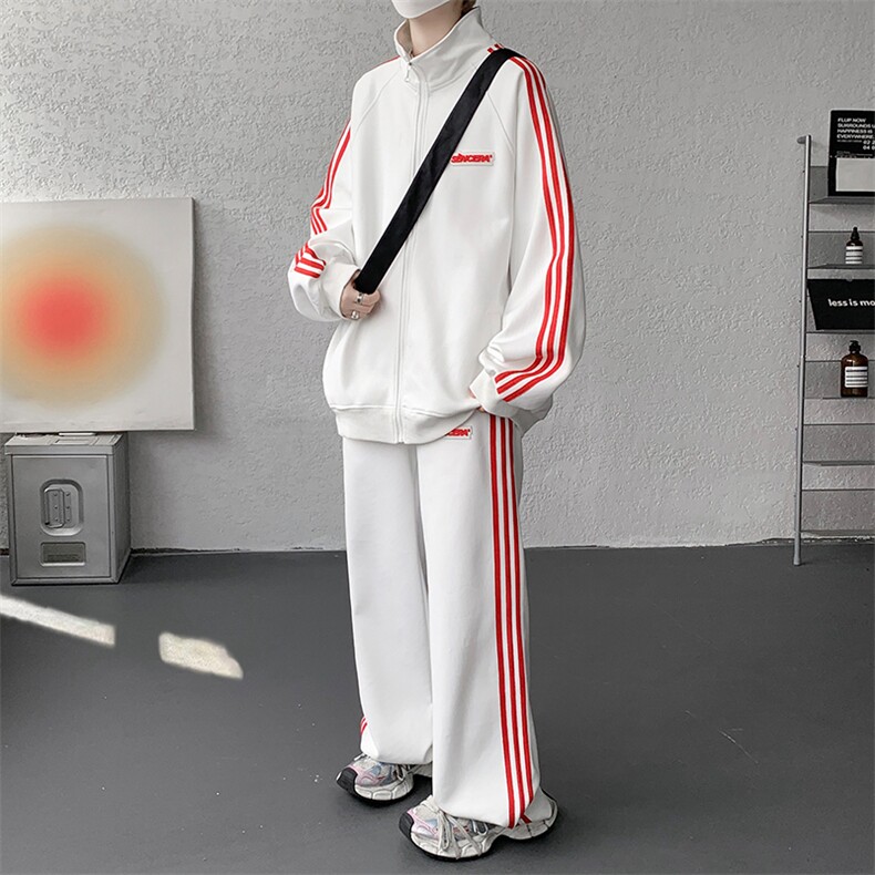 8XL-M条纹撞色开衫新年红卫衣运动套装潮牌运动服校园风TZ114P118，男装休闲套装，电商D206-1