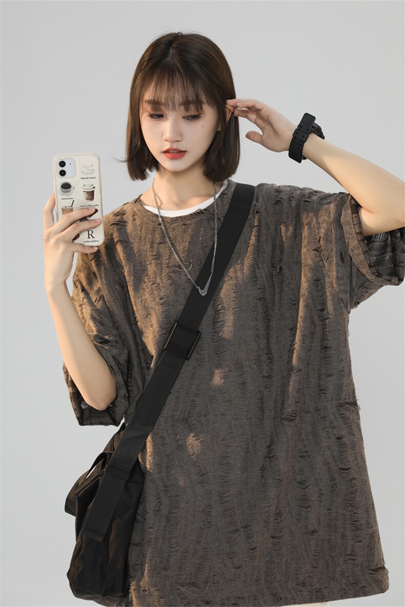 T8042/P30夏季中性风破洞短袖T恤男个性设计感大码重磅宽松上衣,女装T恤,电商A141