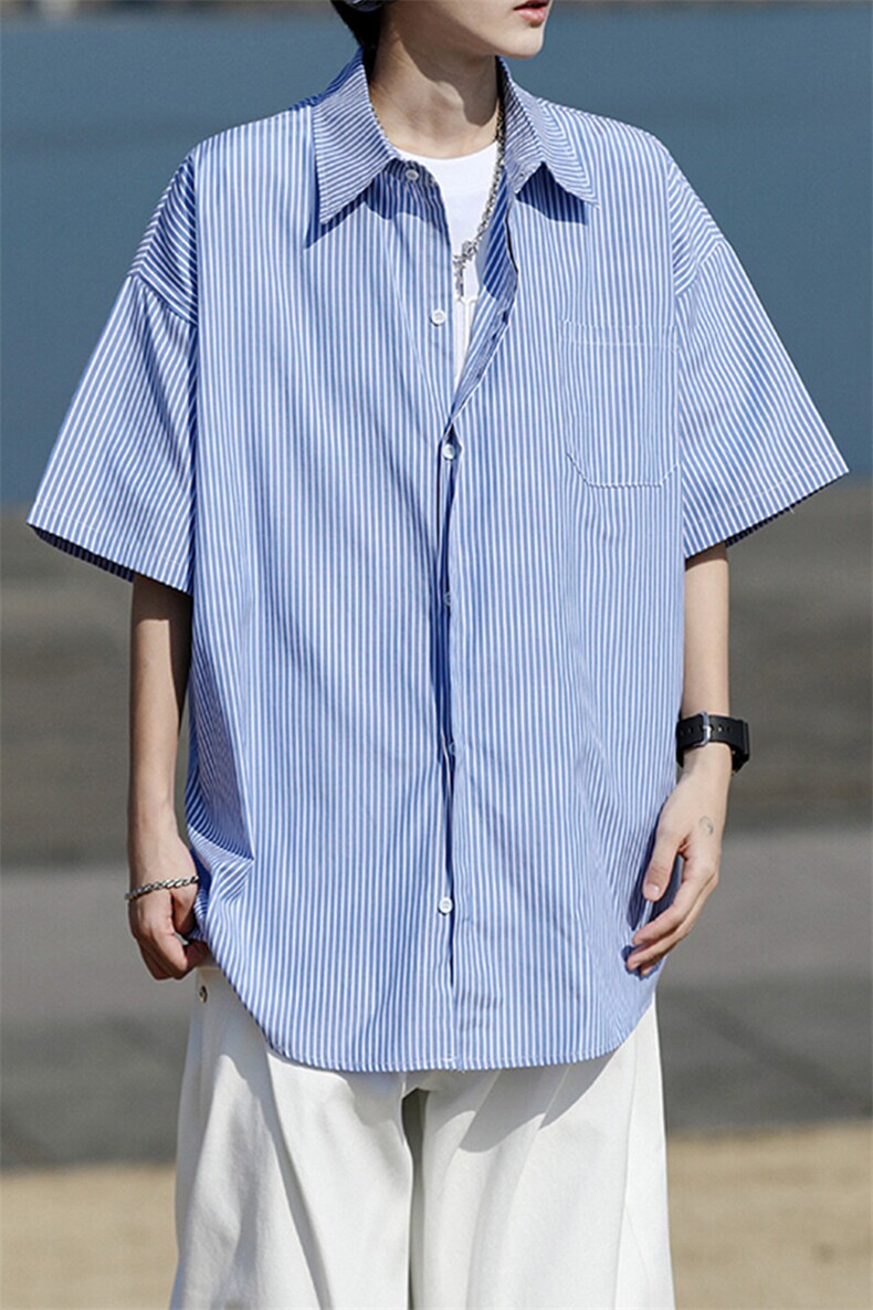 8XL-M条纹短袖衬衫男夏季宽松慵懒风痞帅大码衬衣外套DC28001P40,男装衬衫,电商B312