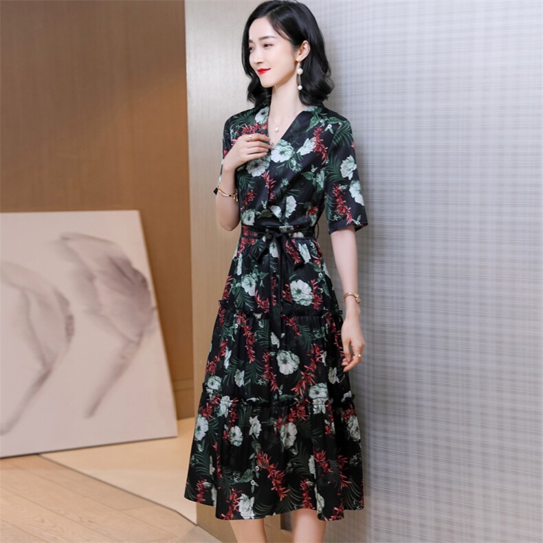 重磅真丝连衣裙女裙子夏装v领收腰系带短袖桑蚕丝中长裙印花显瘦，女装连衣裙，阿舍尔精品