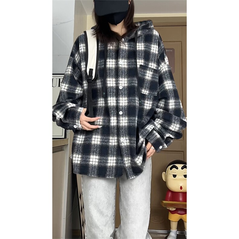 磨毛加厚连帽外套秋季美式慵懒风格子长袖衬衫C2257-特价P45,男装衬衫,电商A007