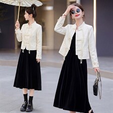 现货新款春秋装复古新中式盘扣外套连衣裙女装气质可组合套装裙，女装套装/套裙，韩美纤衣