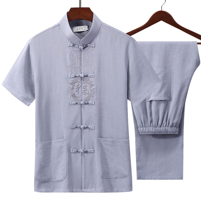 高档唐装太极服中式刺绣立领短袖棉麻风时尚男套装YD1802-P70,男装民族服装,星座1105-3