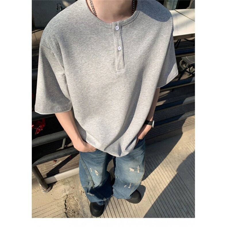 夏季高质量男生男款假两件短袖纯色上衣T恤黑色灰色潮牌时尚款,男装T恤,星座1013