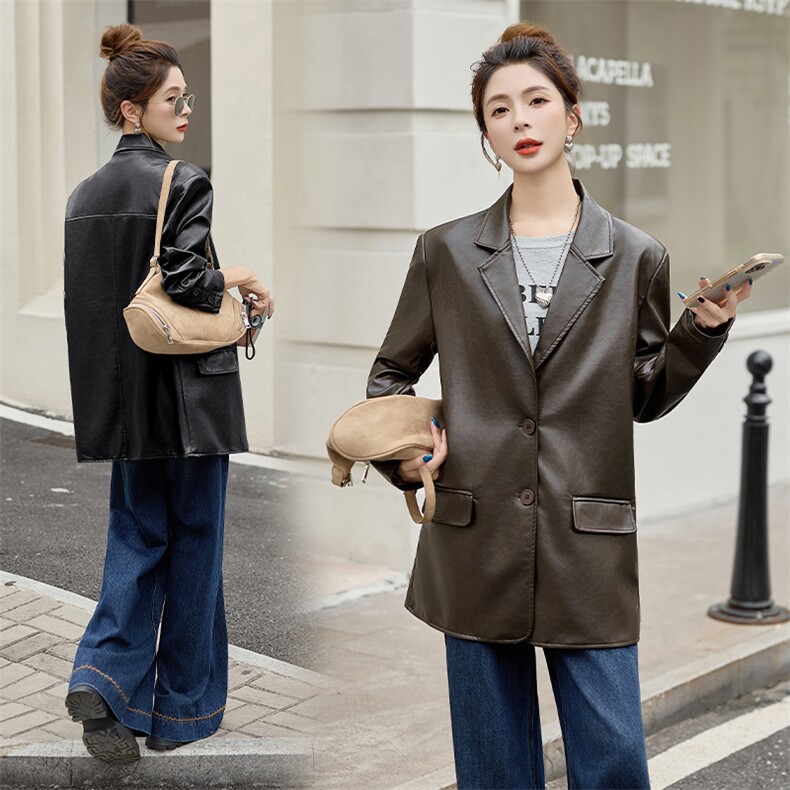 西装皮衣女款2025新款春秋咖色小个子阔版宽松PU机车服皮夹克外套，女装皮衣，美拉德工厂直营店