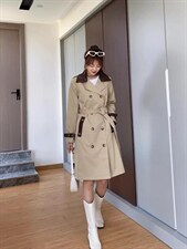 现货秋装新款拼皮风衣，女装风衣，艾涵o