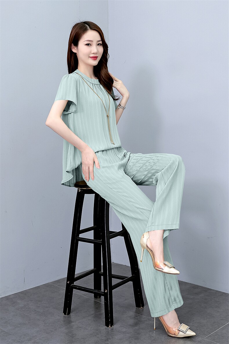 薄款冰丝套装女2025夏新款时尚大码阔腿裤洋气减龄显瘦遮肉两件套,女装套装/套裙,梦依杭