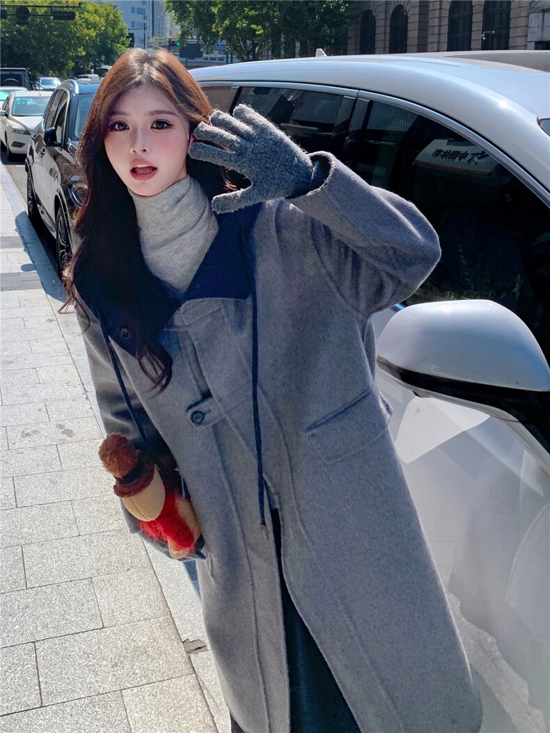 现货新款双面羊毛呢正反两穿连帽风衣,女装双面呢大衣,丝露怡语