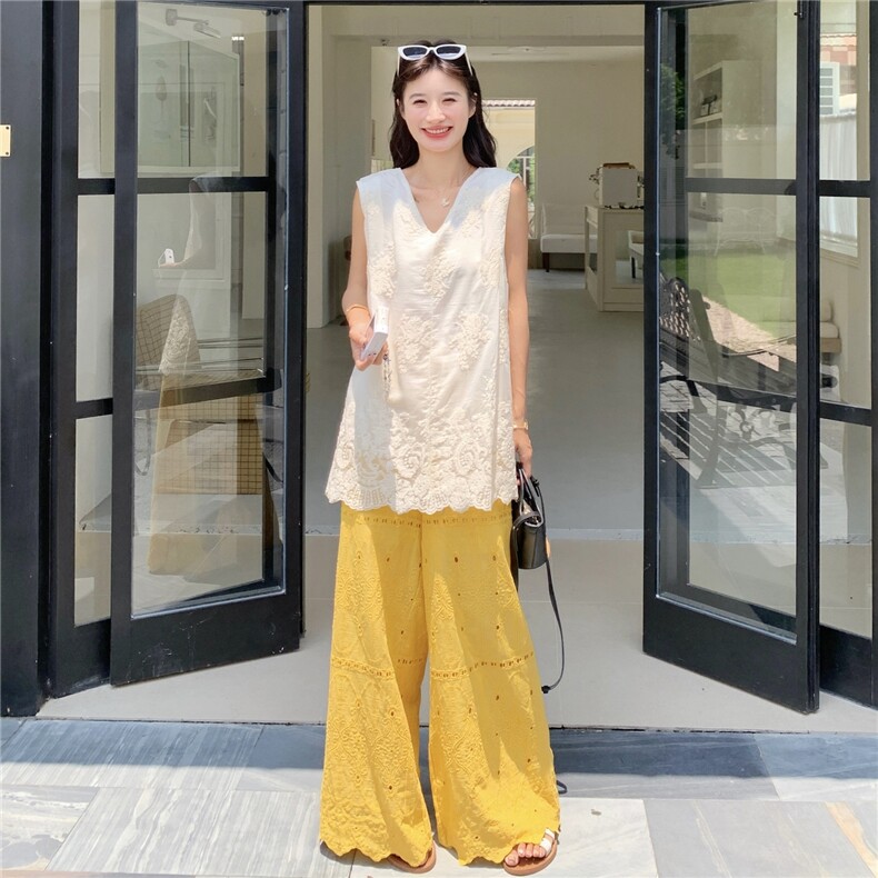 设计感刺绣无袖衬衫套装女2025夏季新款大方得体穿搭阔腿裤两件套,女装套装/套裙,2C232
