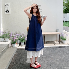 蕾丝拼接假两件背心连衣裙女2025夏季新款法式高级感复古气质长裙，女装连衣裙，2C122