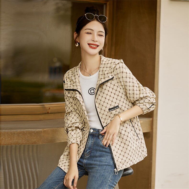 时尚印花短外套女新款2025早春韩范休闲连帽洋气减龄百搭春秋风衣,女装短外套,悦祺