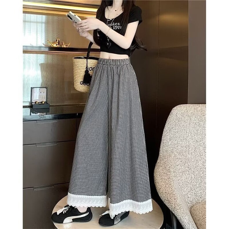 日系蕾丝花边格子阔腿裤宽松显瘦休闲裤女春季高腰直筒裤气质长裤,女装休闲裤,星座1210-1