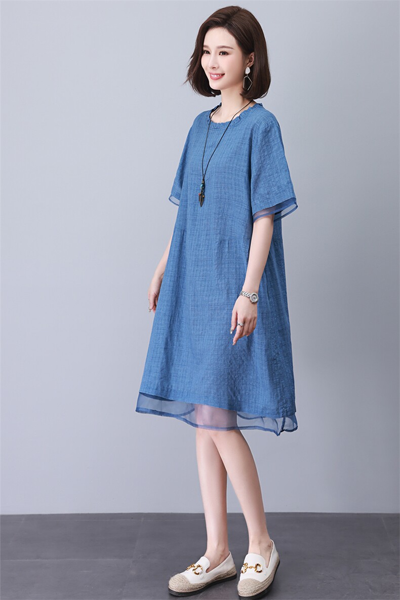 奥特莱斯美国日本出口胖MM妈妈夏装棉麻连衣裙女宽松显瘦大码女装,女装连衣裙,悦见她