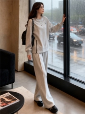 休闲运动套装女秋季新款宽松洋气减龄纯色圆领卫衣直筒长裤两件套，女装套装/套裙，江南