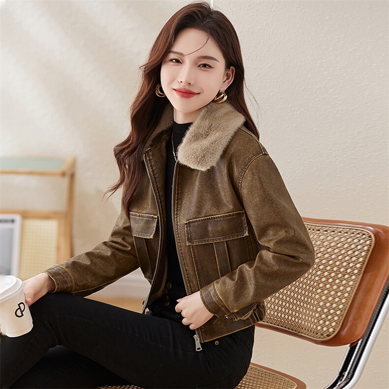 复古加绒皮衣外套女小个子短款2023冬装新款配毛领修身机车服夹克,女装棉衣/棉服,潮流依族