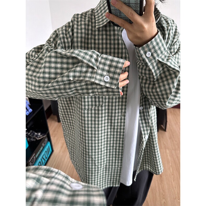 潮流格子衬衫港风情侣装穿搭宽松休闲长袖衬衣CS067-P40,男装衬衫,星座301C-5