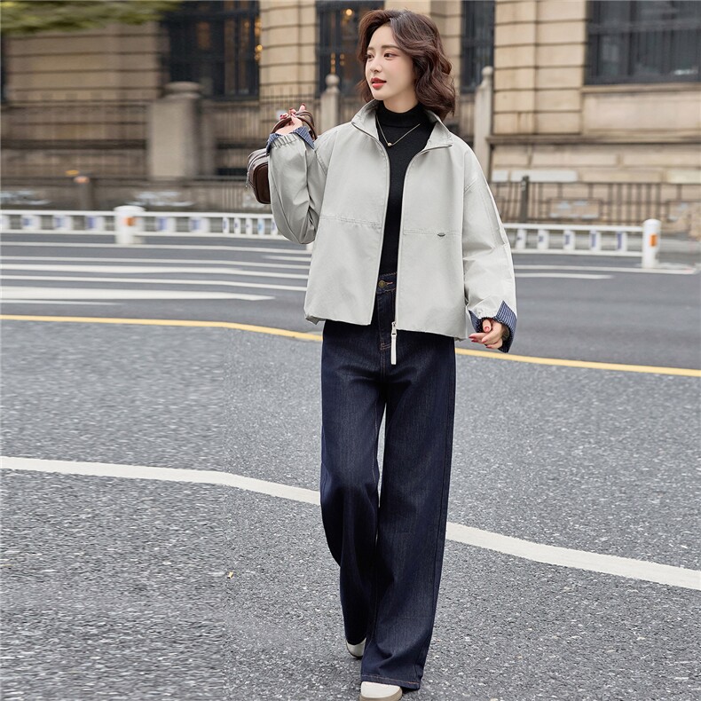 时尚格纹拼接立领短外套女2025秋季新款宽松休闲百搭显瘦夹克上衣,女装短外套,E百度