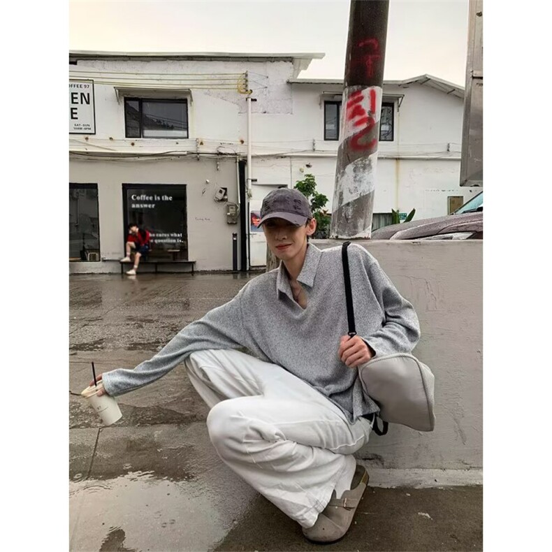 灰色V领针织衫男高级感复古polo衫潮牌宽松慵懒风长袖t恤,男装Polo衫,四季星座505