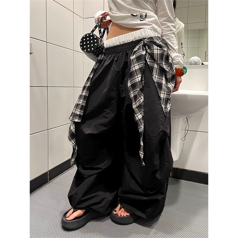 美式复古叠穿格子绑带休闲裤男女宽松百搭阔腿拖地长裤X9037-P52,男装休闲裤,星座208-5