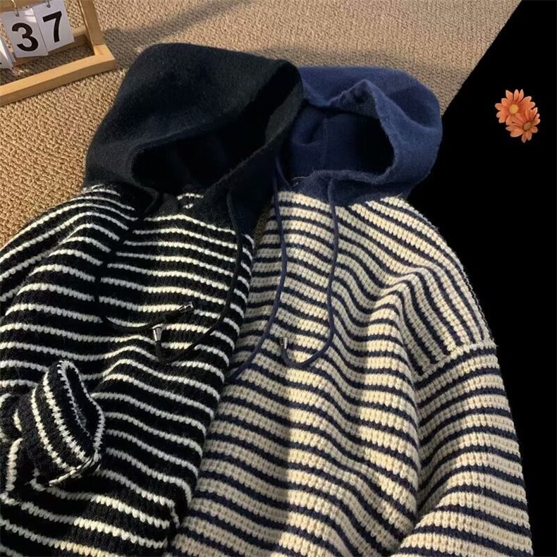 M261-P48秋冬季连帽条纹毛衣男美式街头复古高级感宽松套头,男装针织衫/毛衣,电商B323A