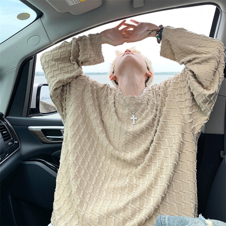 特批P38无差价秋季新款毛边格子高级感卫衣长袖T恤上衣男士T1709图片