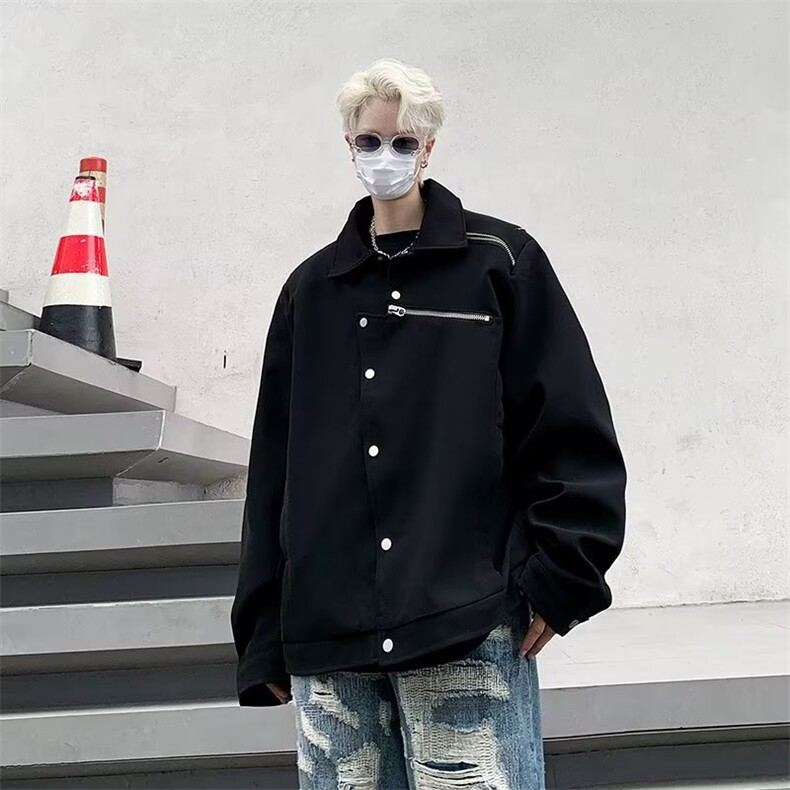 秋季暗黑小众解构拉链男设计感不规则纽扣肩垫夹克FJK11P68,男装夹克,星座1116-2