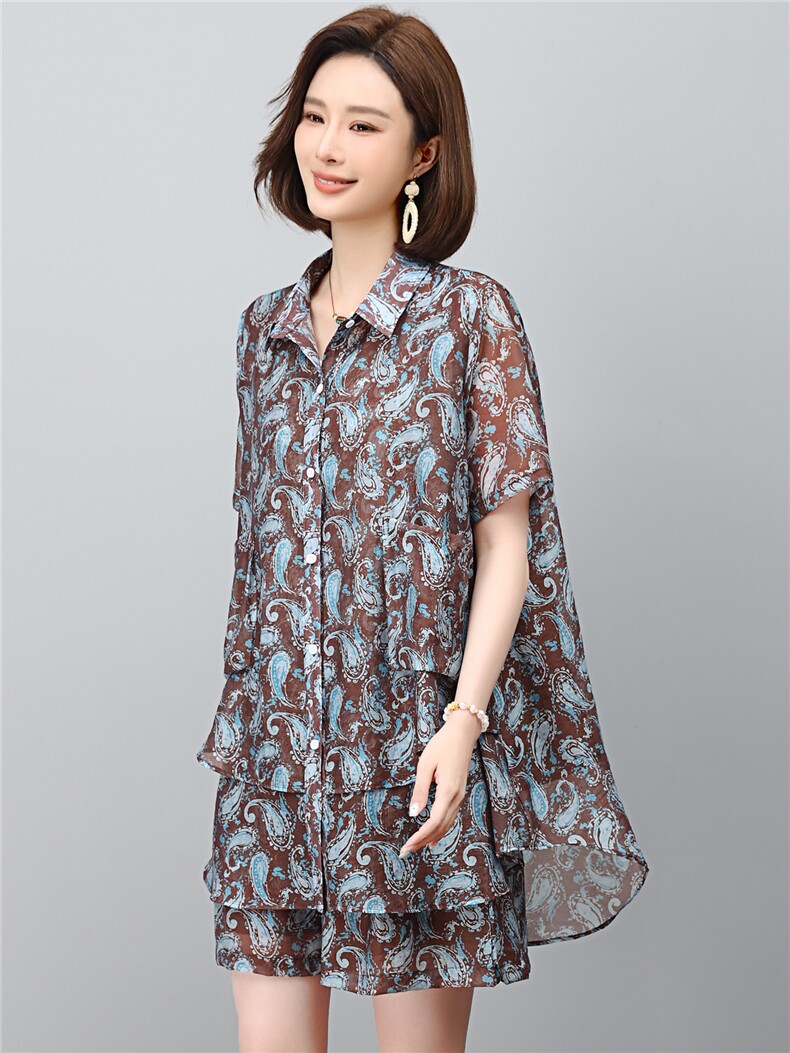 套装女2026年夏季新款时尚宽松中年妈妈大码短裤两件套,女装套装/套裙,江忆布依