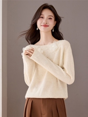 100%羊毛衫2025秋季重工蕾丝钉花宽松一字领针织衫毛衣外穿高端，女装羊毛衫，艾米