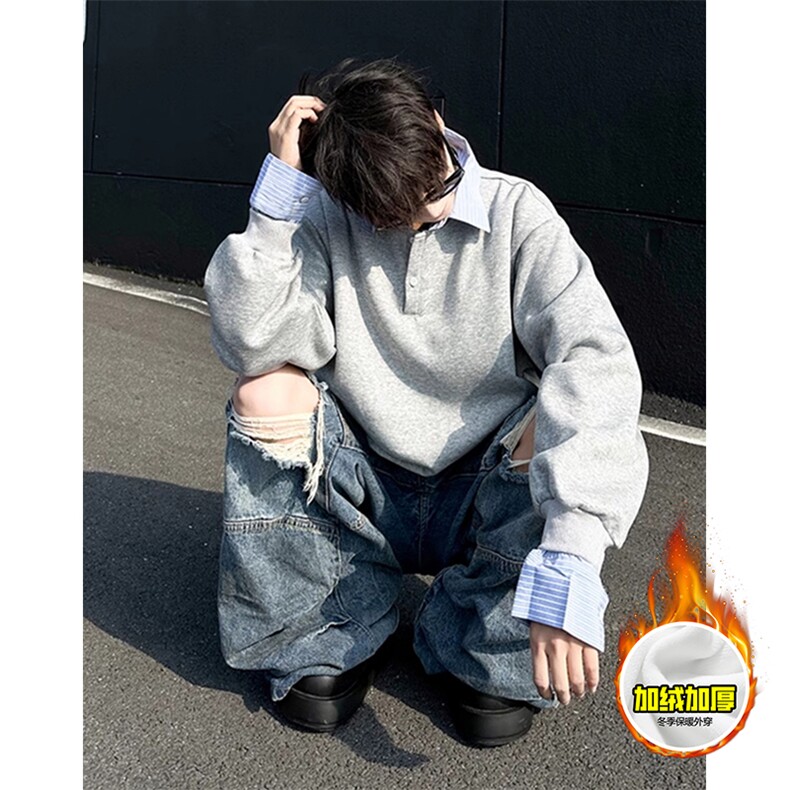 重磅加绒硬挺boxy男女美式高街假两件衬衫领长袖卫衣POLO领打底衫,男装T恤,电商A486