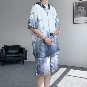 TZ770-特批50 控98 速干简约渐变色扎染冰丝T恤男装休闲短袖套装图片