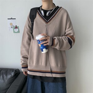 秋冬港风加厚针织衫V领长袖毛衣DK宽松制服男女学生慵懒风W08/P65图片