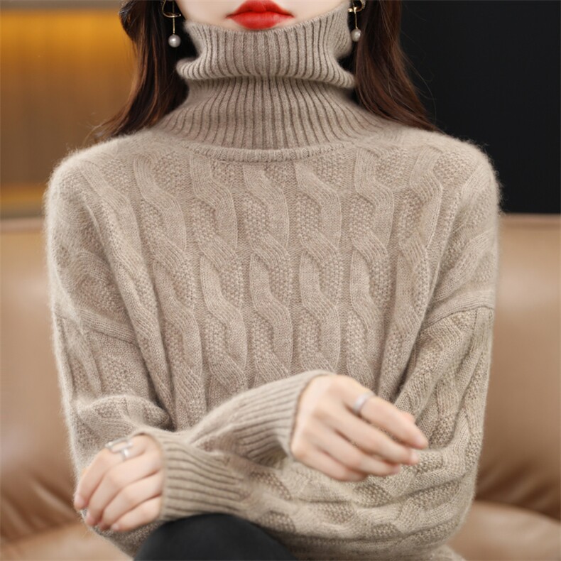 2024秋冬季新款宽松慵懒风高领女麻花纹套头羊毛衫,女装羊毛衫,迅太羊绒