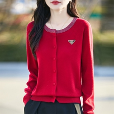 春秋新款圆领烫钻精纺羊毛开衫女刺绣长袖针织衫毛衣宽松气质上衣，女装针织衫/毛衣，大美人高端店