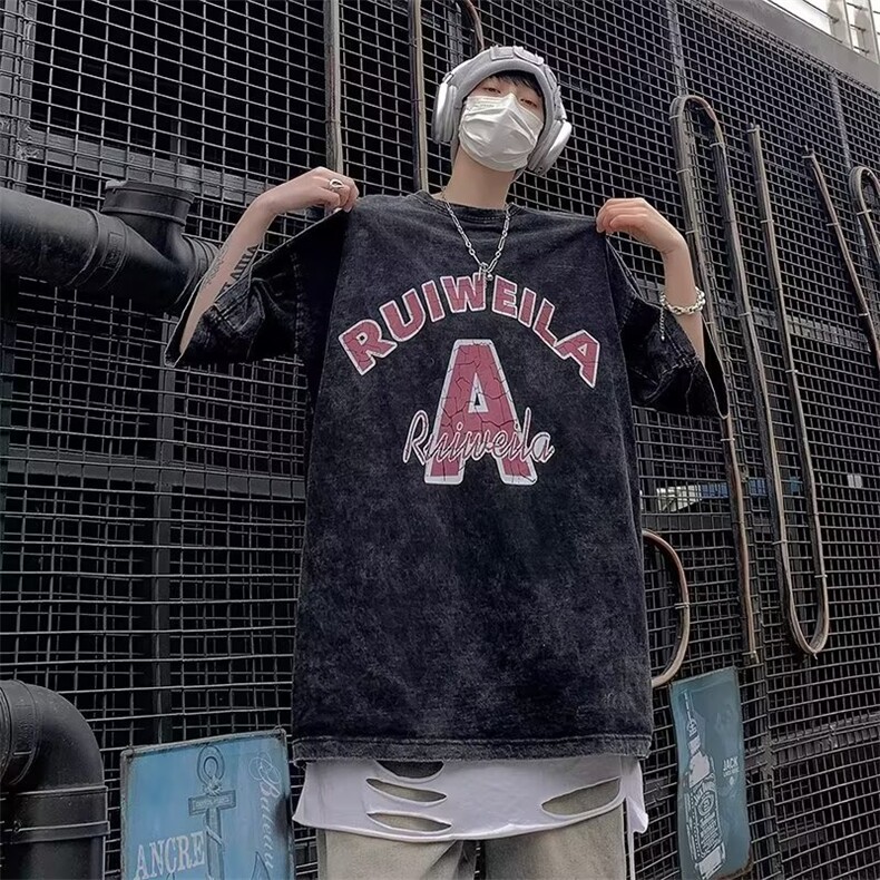 夏季短袖T恤男美式复古圆领半袖宽松潮牌水洗体恤潮流五分袖上衣,男装T恤,星座1013