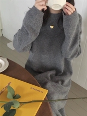 中长款圆领秋冬慵懒软糯休闲宽松保暖针织连衣裙，女装连衣裙，恩泰羊绒