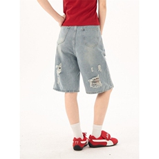 2392-P40复古水洗破洞五分牛仔短裤女夏季新款高腰中裤，女装牛仔裤，电商A306A