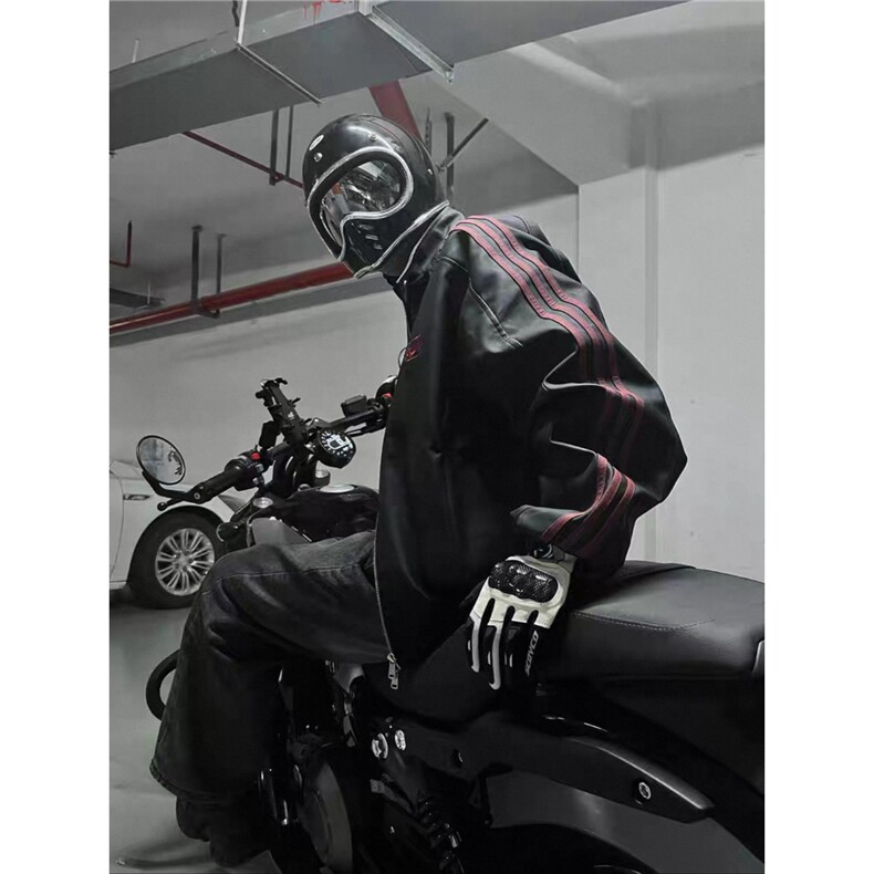 美式复古机车夹克男黑色暗红三道杠宽松条纹拼接潮牌短款外套男士图片