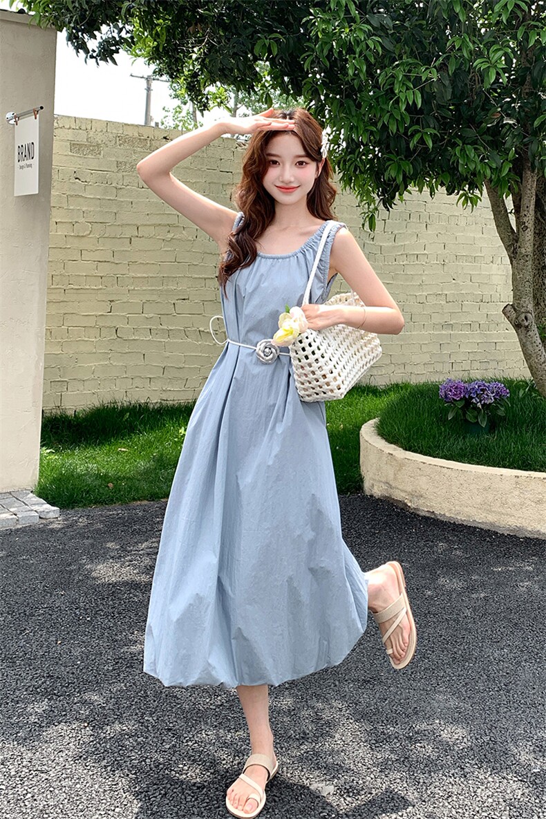 时尚元气时髦褶皱设计背心裙女夏季2025气质温婉风减龄宽松长裙潮,女装连衣裙,浙宝276（原081）