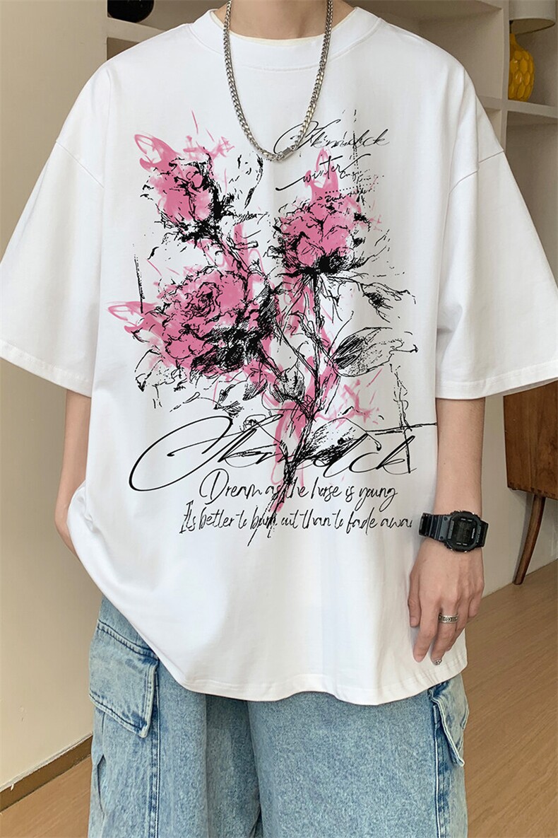 图案已注册夏季新款手绘植物短袖T恤男潮宽松半袖体恤衫D125/P25,男装T恤,电商B209