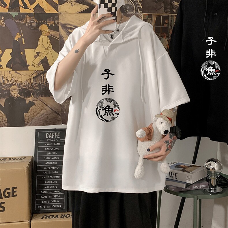 LD54070-P45连帽短袖t恤男大码胖子带帽五分袖中袖海报风,男装T恤,电商A040