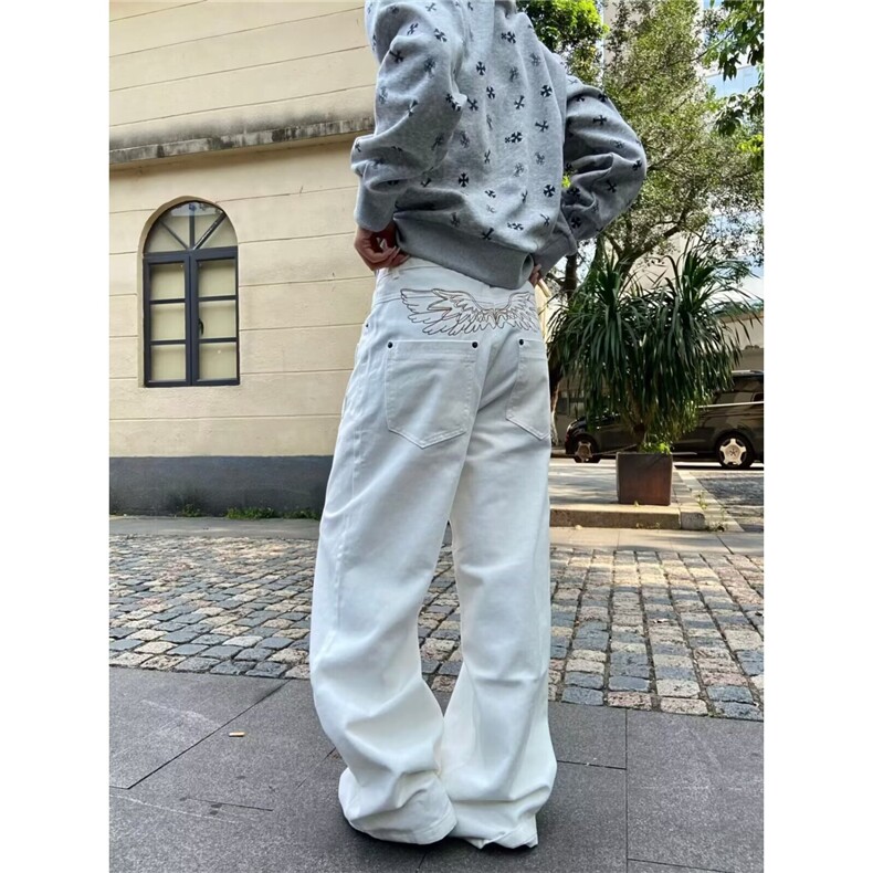 街头潮牌反穿脏脏牛仔裤风刺绣宽松显瘦直筒阔腿拖地裤NZ6660,男装牛仔裤,星座516A