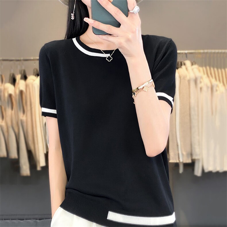 短袖t恤女2025新款大码女装夏季薄款冰丝时尚拼接减龄针织衫上衣,针织衫/毛衣,萱芳婷羊绒